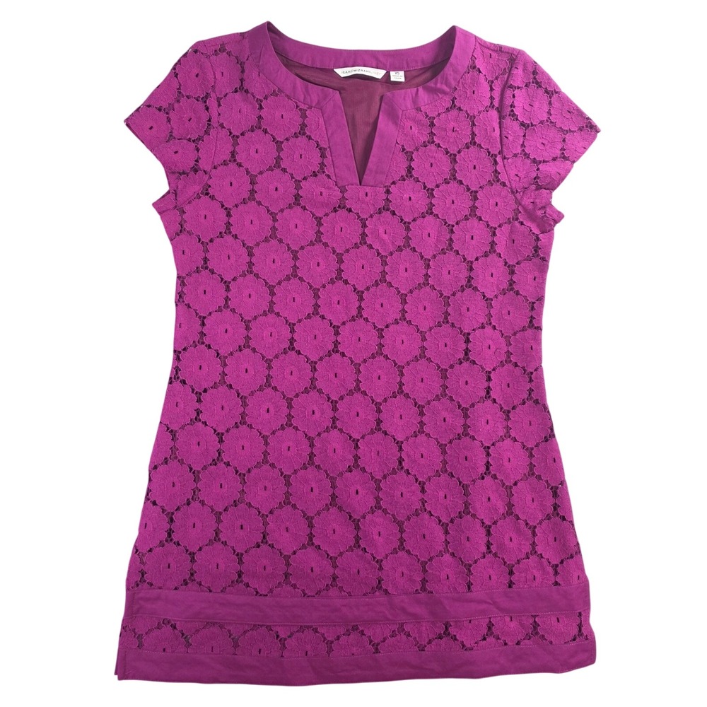 Isaac Mizrahi Live Women XS Magenta Floral Lace Tunic Split Neck Short Sleeve